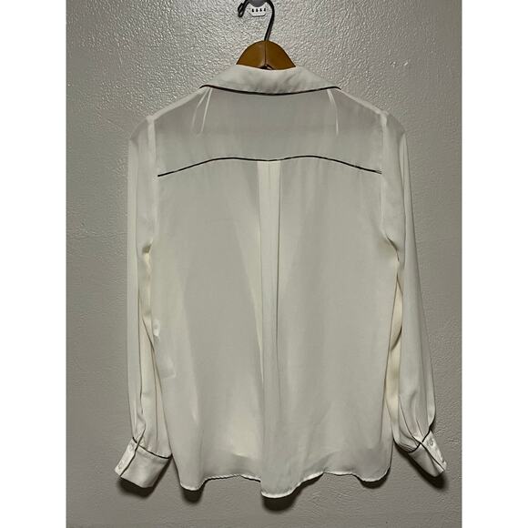 Womens Zara Sheer Button Down Cream Blouse Black Brown Fabric Trim Shirt Size XS - Picture 2 of 6